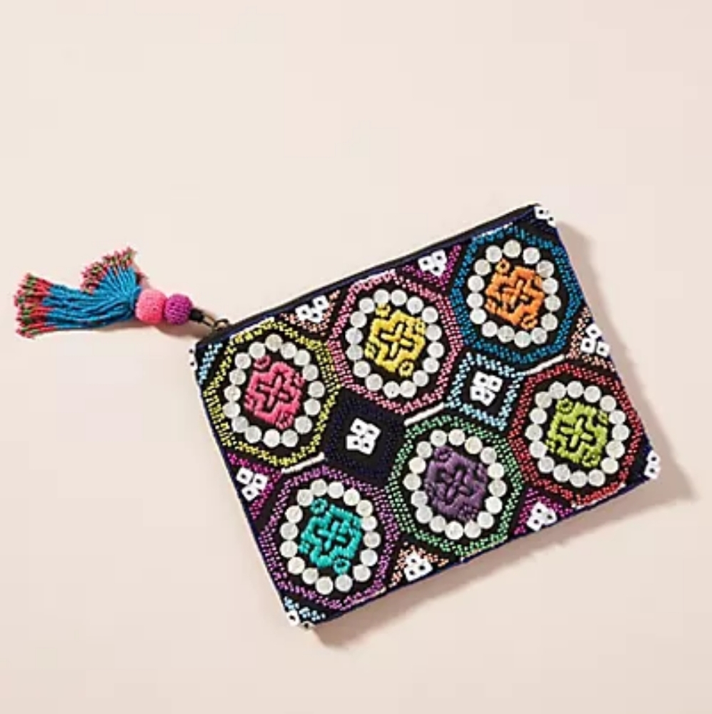 Anthropologie | beaded tassel clutch
